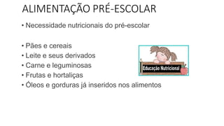 ALIMENTAÇÃO PRÉ-ESCOLAR
• Necessidade nutricionais do pré-escolar
• Pães e cereais
• Leite e seus derivados
• Carne e leguminosas
• Frutas e hortaliças
• Óleos e gorduras já inseridos nos alimentos
 