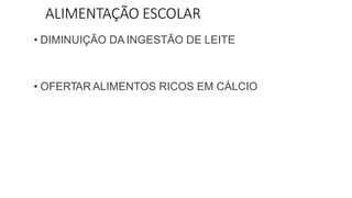 ALIMENTAÇÃO ESCOLAR
• DIMINUIÇÃO DA INGESTÃO DE LEITE
• OFERTAR ALIMENTOS RICOS EM CÁLCIO
 