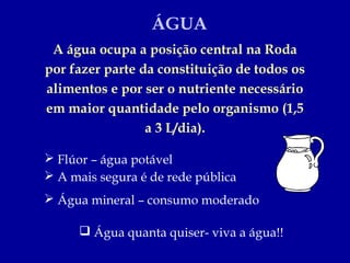 ÁGUA
 A água ocupa a posição central na Roda
por fazer parte da constituição de todos os
alimentos e por ser o nutriente necessário
em maior quantidade pelo organismo (1,5
                 a 3 L/dia).

 Flúor – água potável
 A mais segura é de rede pública
 Água mineral – consumo moderado

       Água quanta quiser- viva a água!!
 