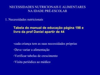 NECESSIDADES NUTRICIONAIS E ALIMENTARES
            NA IDADE PRÉ-ESCOLAR

1. Necessidades nutricionais

      Tabela do manual de educação página 198 e
      livro da prof Daniel apartir de 44


      -cada criança tem as suas necessidades próprias
      -Deve variar a alimentação
      -Verificar tabelas de crescimento
      -Visita periódica ao médico
 