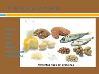 Alimentos ricos em Proteínas Carne Peixe Ovos Leite Queijo Leguminosas Frutos secos 
