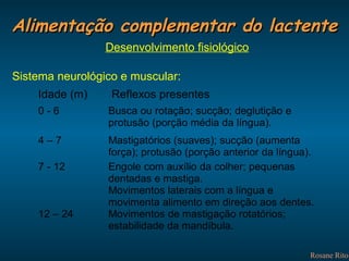 Alimentação complementar do lactente Rosane Rito Desenvolvimento fisiológico Sistema neurológico e muscular: 