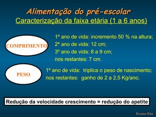 Alimentação do pré-escolar Rosane Rito Caracterização da faixa etária (1 a 6 anos) 1º ano de vida: incremento 50 % na altura; 2º ano de vida: 12 cm; 3º ano de vida: 8 a 9 cm; nos restantes: 7 cm. COMPRIMENTO PESO 1º ano de vida:  triplica o peso de nascimento; nos restantes:  ganho de 2 a 2,5 Kg/ano. Redução da velocidade crescimento = redução do apetite 