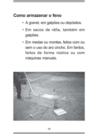 19
Como armazenar o feno
• A granel, em galpões ou depósitos.
• Em sacos de ráfia, também em
galpões.
• Em medas ou montes, feitos com ou
sem o uso do aro cincho. Em fardos,
feitos de forma rústica ou com
máquinas manuais.
 