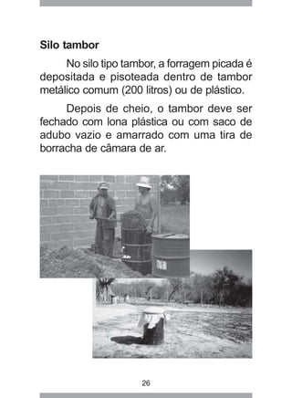 26
Silo tambor
No silo tipo tambor, a forragem picada é
depositada e pisoteada dentro de tambor
metálico comum (200 litros) ou de plástico.
Depois de cheio, o tambor deve ser
fechado com lona plástica ou com saco de
adubo vazio e amarrado com uma tira de
borracha de câmara de ar.
 
