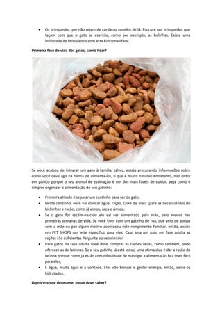  Os brinquedos que não sejam de corda ou novelos de lã. Procure por brinquedos que
façam com que o gato se exercite, como por exemplo, as bolinhas. Existe uma
infinidade de brinquedos com esta funcionalidade.
Primeira fase de vida dos gatos, como lidar?
Se você acabou de integrar um gato à família, talvez, esteja procurando informações sobre
como você deve agir na forma de alimenta-los, o que é muito natural! Entretanto, não entre
em pânico porque o seu animal de estimação é um dos mais fáceis de cuidar. Veja como é
simples organizar a alimentação do seu gatinho:
 Primeira atitude é separar um cantinho para ser do gato;
 Neste cantinho, você vai colocar água, ração, caixa de areia (para as necessidades do
bichinho) e ração, como já vimos, seca e úmida;
 Se o gato for recém-nascido ele vai ser alimentado pela mãe, pelo menos nas
primeiras semanas de vida. Se você tiver com um gatinho de rua, que veio de abrigo
sem a mãe ou por algum motivo aconteceu este rompimento familiar, então, existe
em PET SHOPS um leite específico para eles. Caso seja um gato em fase adulta as
rações são suficientes Pergunte ao veterinário!
 Para gatos na fase adulta você deve comprar as rações secas, como também, pode
oferecer as de latinhas. Se o seu gatinho já está idoso, uma ótima dica é dar a ração da
latinha porque como já estão com dificuldade de mastigar a alimentação fica mais fácil
para eles;
 E água, muita água e à vontade. Eles vão brincar e gastar energia, então, deixe-os
hidratados.
O processo de desmame, o que devo saber?
 
