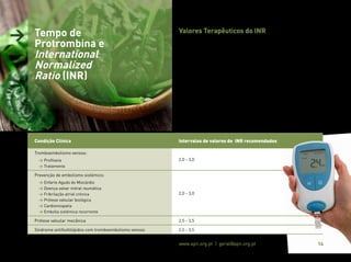 Associação Portuguesa de Nutrição www.apn.org.pt | geral@apn.org.pt 14
Condição Clínica Intervalos de valores de INR recomendados
Tromboembolismo venoso:
> Profilaxia
> Tratamento
2,0 - 3,0
Prevenção de embolismo sistémico:
> Enfarte Agudo do Miocárdio
> Doença valvar mitral reumática
> Fribrilação atrial crónica
> Prótese valvular biológica
> Cardiomiopatia
> Embolia sistémica recorrente
2,0 - 3,0
Prótese valvular mecânica 2,5 - 3,5
Síndrome antifosfolípidos com tromboembolismo venoso 2,5 - 3,5
Valores Terapêuticos do INR
A manutenção dos níveis de coagulação, num determinado interva-
lo de INR, é indispensável para uma anticoagulação segura e eficaz
(14, 18).
Valores de INR abaixo dos níveis mínimos de segurança, poderão
representar um risco tromboembólico aumentando, enquanto va-
lores de INR superiores ao limite máximo de segurança poderão
conduzir a hemorragias espontâneas (14, 18).
Em indivíduos saudáveis, o INR deverá ser próximo de 1,0. Porém,
em caso de terapia anticoagulante oral, o valor será superior, si-
tuando-se usualmente entre 2 e 3 (17).
Mais especificamente, de acordo com a condição clínica, o intervalo
do INR deverá ser (17):
> Tempo de
Protrombina e
International
Normalized
Ratio (INR)
 