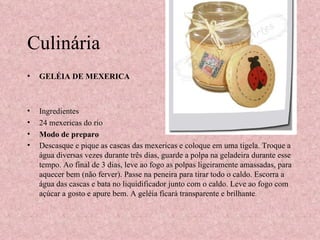 Culinária GELÉIA DE MEXERICA Ingredientes 24 mexericas do rio    Modo de preparo Descasque e pique as cascas das mexericas e coloque em uma tigela. Troque a água diversas vezes durante três dias, guarde a polpa na geladeira durante esse tempo. Ao final de 3 dias, leve ao fogo as polpas ligeiramente amassadas, para aquecer bem (não ferver). Passe na peneira para tirar todo o caldo. Escorra a água das cascas e bata no liquidificador junto com o caldo. Leve ao fogo com açúcar a gosto e apure bem. A geléia ficará transparente e brilhante . 