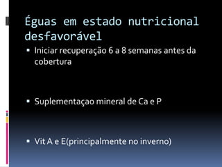 Éguas em estado nutricional
desfavorável
 Iniciar recuperação 6 a 8 semanas antes da
  cobertura



 Suplementaçao mineral de Ca e P



 Vit A e E(principalmente no inverno)
 