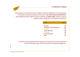 4. Como ler o rótulo
                  22


                  Recentemente e de forma voluntária, a indústria alimentar também tem vindo a apresentar
                      a informação nutricional do produto alimentar por % de Valores Diários de Referência.
                   Estas estimativas dizem respeito ao que se considera um adulto médio, tendo em conta os
                                                   seguintes valores energéticos e nutricionais de referência:


                                                                       Energia                           2000Kcal


                                                                       Proteínas                              50g
                                                                       Hidratos de carbono (dos quais)       270g
                                                                        açúcares                              90g
                                                                       Lípidos (dos quais)                    70g
                                                                        saturados                             20g
                                                                       Fibras Alimentares                     25g
                                                                       Sódio                                 2,4g




                            O contributo que o produto alimentar assegura em relação a cada um dos nutrimentos
                                       acima mencionados surge então no rótulo sob a forma de percentagem (%).
FCNAUP
©




    Fonte: European Food Safety Authority, 2009.
 