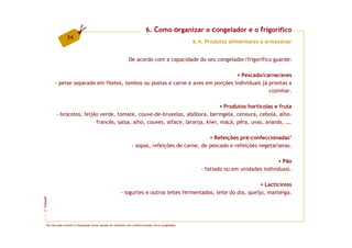 6. Como organizar o congelador e o frigorífico
                  34
                                                                                                      6.4. Produtos alimentares a armazenar


                                                                De acordo com a capacidade do seu congelador/frigorífico guarde:

                                                                                    Pescado/carne/aves
         - peixe separado em filetes, lombos ou postas e carne e aves em porções individuais já prontas a
                                                                                                cozinhar.

                                                                                 Produtos hortícolas e fruta
          - brócolos, feijão verde, tomate, couve-de-bruxelas, abóbora, beringela, cenoura, cebola, alho-
                           francês, salsa, alho, couves, alface, laranja, kiwi, maçã, pêra, uvas, ananás, ….

                                                                                                    Refeições pré-confeccionadas*
                                                                  - sopas, refeições de carne, de pescado e refeições vegetarianas.

                                                                                                                                          Pão
                                                                                                         - fatiado ou em unidades individuais.

                                                                                                                       Lacticínios
                                                          - iogurtes e outros leites fermentados, leite do dia, queijo, manteiga.
FCNAUP
©




   *No mercado existem à disposição várias opções de refeições pré-confeccionadas ultra-congeladas.
 
