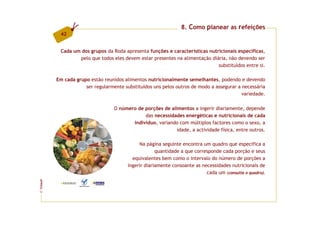 8. Como planear as refeições
          42


          Cada um dos grupos da Roda apresenta funções e características nutricionais específicas,
                 pelo que todos eles devem estar presentes na alimentação diária, não devendo ser
                                                                             substituídos entre si.

         Em cada grupo estão reunidos alimentos nutricionalmente semelhantes, podendo e devendo
                     ser regularmente substituídos uns pelos outros de modo a assegurar a necessária
                                                                                          variedade.

                                  O número de porções de alimentos a ingerir diariamente, depende
                                              das necessidades energéticas e nutricionais de cada
                                         indivíduo, variando com múltiplos factores como o sexo, a
                                                            idade, a actividade física, entre outros.

                                             Na página seguinte encontra um quadro que especifica a
                                                     quantidade a que corresponde cada porção e seus
                                          equivalentes bem como o intervalo do número de porções a
                                        ingerir diariamente consoante as necessidades nutricionais de
                                                                           cada um (consulte o quadro).
FCNAUP
©
 