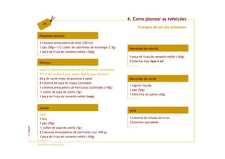 8. Como planear as refeições
               45
                                                                             Exemplo de um dia alimentar

           Pequeno-almoço

           1 chávena almoçadeira de leite (250 ml)
           1 pão (50g) +1/2 colher de sobremesa de manteiga (7,5g)    Merenda da manhã
           1 peça de fruta de tamanho médio (160g)
                                                                     1 peça de fruta de tamanho médio (160g)
                                                                     3 bolachas tipo água e sal
           Almoço

           sopa (2 chávenas almoçadeiras de hortícolas cozinhados+
           1+1/2 de batata+5 g de azeite+80g de grão de bico)*
           60 g de carne limpa de gorduras e peles                    Merenda da tarde
           8 colheres de sopa de massa cozinhada
                                                                      1 iogurte líquido
           1 chávena almoçadeira de hortícolas cozinhados (140g)
                                                                      1 pão (50g)
           ½ colher de sopa de azeite (5g)
                                                                      1 fatia fina de queijo (20g)
           1 peça de fruta de tamanho médio (160g)


           Jantar
                                                                      Ceia
           sopa*
           1 ovo                                                      1 chávena de infusão de ervas
           1 pão (50g)                                                3 bolachas tipo maria
           ½ colher de sopa de azeite (5g)
FCNAUP




           2 chávenas almoçadeiras de hortícolas crus (180 g)
©




           1 peça de fruta de tamanho médio (160g)

         * Receita para o almoço e jantar.
 