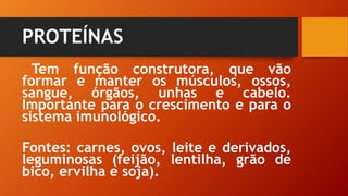 PROTEÍNAS
Tem função construtora, que vão
formar e manter os músculos, ossos,
sangue, órgãos, unhas e cabelo.
Importante para o crescimento e para o
sistema imunológico.
Fontes: carnes, ovos, leite e derivados,
leguminosas (feijão, lentilha, grão de
bico, ervilha e soja).
 