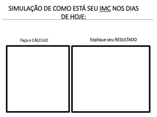 SIMULAÇÃO DE COMO ESTÁ SEU IMC NOS DIAS
DE HOJE:
Faça o CÁLCULO Explique seu RESULTADO
 