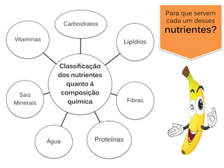 Classificação
dos nutrientes
quanto á
composição
química
Carboidratos
Lipídios
Fibras
ProteínasÁgua
Sais
Minerais
Vitaminas
Para que servem
cada um desses
nutrientes?
 