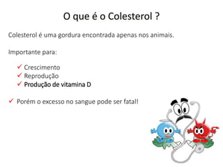 O que é o Colesterol ?
Colesterol é uma gordura encontrada apenas nos animais.
Importante para:
 Crescimento
 Reprodução
 Produção de vitamina D
 Porém o excesso no sangue pode ser fatal!
 