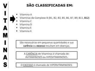 São necessárias em pequenas quantidades e sua
carência ou excesso resultam em doenças.
SÃO CLASSIFICADAS EM:
 Vitamina A
 Vitaminas do Complexo B (B1, B2, B3, B5, B6, B7, B9, B11, B12)
 Vitamina C
 Vitamina D
 Vitamina E
 Vitamina K
A CARÊNCIA de Vitaminas é chamada de:
AVITAMINOSES ou HIPOVITAMINOSES.
O EXCESSO é chamado de HIPERVITAMINOSES.
 