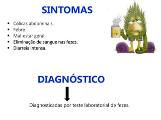 SINTOMAS
 Cólicas abdominais.
 Febre.
 Mal-estar geral.
 Eliminação de sangue nas fezes.
 Diarreia intensa.
DIAGNÓSTICO
Diagnosticadas por teste laboratorial de fezes.
 