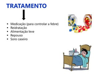 TRATAMENTO
 Medicação (para controlar a febre)
 Reidratação
 Alimentação leve
 Repouso
 Soro caseiro
 