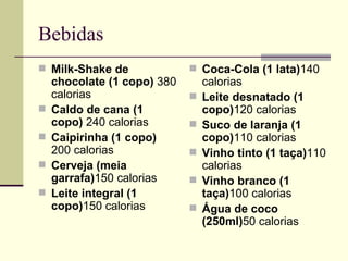 Bebidas Milk-Shake de chocolate (1 copo)  380 calorias Caldo de cana (1 copo)  240 calorias Caipirinha (1 copo)  200 calorias Cerveja (meia garrafa) 150 calorias Leite integral (1 copo) 150 calorias Coca-Cola (1 lata) 140 calorias Leite desnatado (1 copo) 120 calorias Suco de laranja (1 copo) 110 calorias Vinho tinto (1 taça) 110 calorias Vinho branco (1 taça) 100 calorias Água de coco (250ml) 50 calorias   