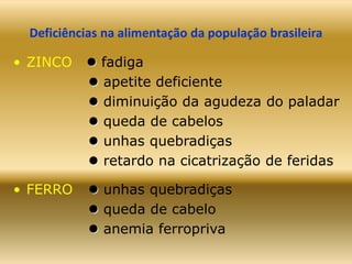 Deficiências na alimentação da população brasileira
• ZINCO  fadiga
 apetite deficiente
 diminuição da agudeza do paladar
 queda de cabelos
 unhas quebradiças
 retardo na cicatrização de feridas
• FERRO  unhas quebradiças
 queda de cabelo
 anemia ferropriva
 