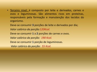 • Terceiro nível: é composto por leite e derivados, carnes e
ovos e leguminosas. São alimentos ricos em proteínas,
responsáveis pela formação e manutenção dos tecidos do
organismo.
Deve-se consumir 3 porções de leite e derivados por dia;
Valor calórico da porção:120Kcal.
Deve-se consumir 1 a 2 porções de carnes e ovos.
Valor calórico da porção: 190 Kcal.
Deve-se consumir 1 porção de leguminosas.
Valor calórico da porção: 55 Kcal.
 