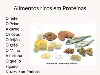 Alimentos ricos em Proteínas
O leite
O Peixe
A carne
Os ovos
O feijão
O grão
O Milho
A farinha
O queijo
Fígado
Nozes e amêndoas
 