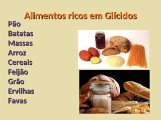 Alimentos ricos em Glícidos
Alimentos ricos em Glícidos
Pão
Pão
Batatas
Batatas
Massas
Massas
Arroz
Arroz
Cereais
Cereais
Feijão
Feijão
Grão
Grão
Ervilhas
Ervilhas
Favas
Favas
 