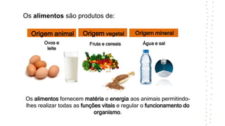 Os alimentos fornecem matéria e energia aos animais permitindo-
lhes realizar todas as funções vitais e regular o funcionamento do
organismo.
Origem animal Origem vegetal Origem mineral
Os alimentos são produtos de:
Ovos e
leite
Fruta e cereais Água e sal
 