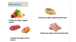 Alimentos
Produtos de origem animal
natural.
Produto de origem animal transformado.
Produto de origem vegetal
natural.
Produto de origem vegetal transformado.
 