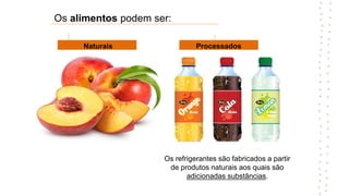 Os refrigerantes são fabricados a partir
de produtos naturais aos quais são
adicionadas substâncias.
Naturais Processados
Os alimentos podem ser:
 