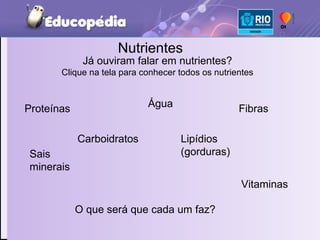 Nutrientes  Proteínas  Carboidratos  Lipídios (gorduras)  Vitaminas  Água  Sais minerais  Fibras  O que será que cada um faz?  Já ouviram falar em nutrientes? Clique na tela para conhecer todos os nutrientes 
