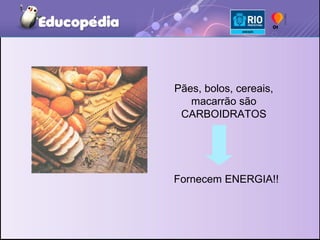 Pães, bolos, cereais, macarrão são CARBOIDRATOS Fornecem ENERGIA!! 