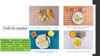 Café da manhã
Refeições oferecem múltiplas
possibildiades de combinações:
feijões, cereais, raízes, tubérculos,
farinhas, macarrão, legumes,
verduras, frutas, castanhas, leite,
carnes, ovos, café, chá e água,
 