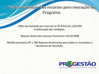 .1994- foi instituída por meio da Lei Nº 8.913 de 12/07/94
                          A elaboração dos cardápios.

           .Repasse direto dos recursos financeiros-14/12/1998

.Medida provisória Nº 1.784-Repasse diretamente para todos os municípios e
                         Secretarias de Educação.
 