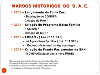 MARCOS HISTÓRICOS DO D. A. E.
       2003 – Lançamento do Fome Zero
              - Recriação do CONSEA
             - Criação do PAA ¹
       2004 – Criação do Programa Bolsa Família
             - II CNSAN ²
             - Criação do MDS ³
       2006 – LOSAN 4 ( Lei nº 11.346)
             - Lei Agricultura Familiar ( Lei nº 11.326 )
             - II Encontro Nacional de Agroecologia
       2007 – Criação da Frente Parlamentar de SAN
              - III CNSAN(Lula anuncia novo PNAE)

    ¹ Programa de Aquisição de Alimento da Agricultura Familiar
    ² Conferência Nacional de Segurança Alimentar e Nutricional
    ³ Ministério do Desenvolvimento Social e Combate à Fome
    4 Lei Orgânica da Segurança Alimentar e Nutricional
4
 