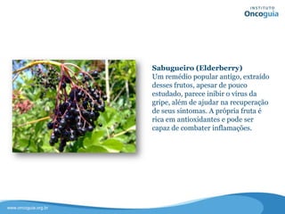 Sabugueiro (Elderberry)
Um remédio popular antigo, extraído
desses frutos, apesar de pouco
estudado, parece inibir o vírus da
gripe, além de ajudar na recuperação
de seus sintomas.
A própria fruta é rica em antioxidantes
e pode ser capaz de combater
inflamações.
 