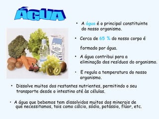 • A água que bebemos tem dissolvidos muitos dos minerais de
que necessitamos, tais como cálcio, sódio, potássio, flúor, etc.
• A água é o principal constituinte
do nosso organismo.
• Cerca de 65 % do nosso corpo é
formado por água.
• A água contribui para a
eliminação dos resíduos do organismo.
• E regula a temperatura do nosso
organismo.
• Dissolve muitos dos restantes nutrientes, permitindo o seu
transporte desde o intestino até às células.
 