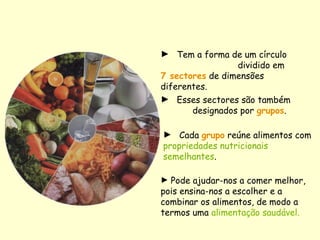► Cada grupo reúne alimentos com
propriedades nutricionais
semelhantes.
► Tem a forma de um círculo
dividido em
7 sectores de dimensões
diferentes.
► Esses sectores são também
designados por grupos.
► Pode ajudar-nos a comer melhor,
pois ensina-nos a escolher e a
combinar os alimentos, de modo a
termos uma alimentação saudável.
 