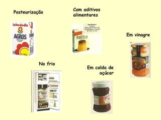 No frio
Pasteurização
Em vinagre
Em calda de
açúcar
Com aditivos
alimentares
 