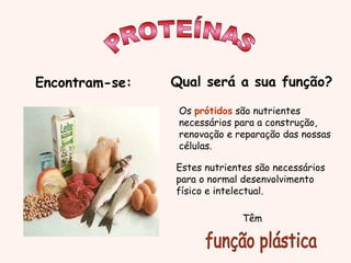Os prótidos são nutrientes
necessários para a construção,
renovação e reparação das nossas
células.
Encontram-se: Qual será a sua função?
Estes nutrientes são necessários
para o normal desenvolvimento
físico e intelectual.
Têm
 