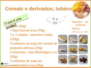 Hidratos de
                                        carbono
1 pão (50g)
                                     Fibras
1 fatia fina de broa (70g)
                                     Vitaminas B1
1 e ½ batata - tamanho médio            e PP
(125g)
5 colheres de sopa de cereais de
pequeno-almoço (35g)
6 bolachas - tipo Maria/água e sal
(35g)
2 colheres de sopa de
arroz/massa crus (35g)
 