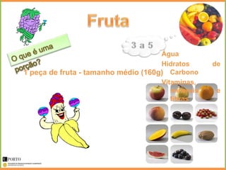 Água
                                     Hidratos      de
1 peça de fruta - tamanho médio (160g) Carbono
                                     Vitaminas,
                                        minerais    e
                                        fibras
 