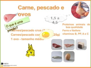 Proteínas animais de
                                     boa qualidade
Carnes/pescado crus (30g)         Ferro e fósforo
Carnes/pescado cozinhados (25g)   vitaminas B, PP, A e C
                                  Gordura variável
1 ovo - tamanho médio
 