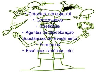 • Corantes, em especial
        • Conservantes
          • Inseticidas
  • Agentes de descoloração
• Substâncias de revestimento
          • Fermentos
  • Essências sintéticas, etc.
 