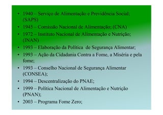 • 1940 – Serviço de Alimentação e Previdência Social;
  (SAPS)
• 1945 – Comissão Nacional de Alimentação; (CNA)
• 1972 – Instituto Nacional de Alimentação e Nutrição;
  (INAN)
• 1993 – Elaboração da Política de Segurança Alimentar;
• 1993 – Ação da Cidadania Contra a Fome, a Miséria e pela
  fome;
• 1993 – Conselho Nacional de Segurança Alimentar
  (CONSEA);
• 1994 – Descentralização do PNAE;
• 1999 – Política Nacional de Alimentação e Nutrição
  (PNAN);
• 2003 – Programa Fome Zero;
 