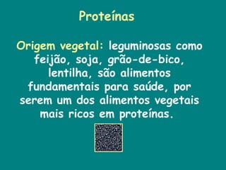 Proteínas  Origem vegetal:  leguminosas como feijão, soja, grão-de-bico, lentilha, são alimentos fundamentais para saúde, por serem um dos alimentos vegetais mais ricos em proteínas.  