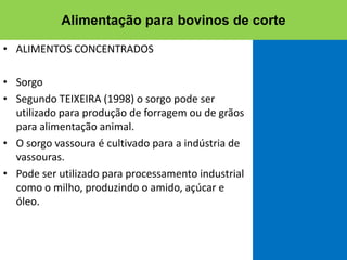 • ALIMENTOS CONCENTRADOS
• Sorgo
• Segundo TEIXEIRA (1998) o sorgo pode ser
utilizado para produção de forragem ou de grãos
para alimentação animal.
• O sorgo vassoura é cultivado para a indústria de
vassouras.
• Pode ser utilizado para processamento industrial
como o milho, produzindo o amido, açúcar e
óleo.
Alimentação para bovinos de corte
 
