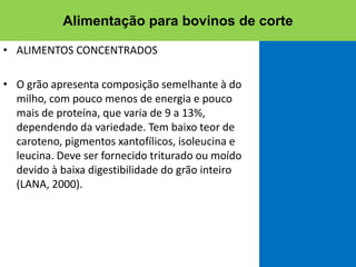 • ALIMENTOS CONCENTRADOS
• O grão apresenta composição semelhante à do
milho, com pouco menos de energia e pouco
mais de proteína, que varia de 9 a 13%,
dependendo da variedade. Tem baixo teor de
caroteno, pigmentos xantofílicos, isoleucina e
leucina. Deve ser fornecido triturado ou moído
devido à baixa digestibilidade do grão inteiro
(LANA, 2000).
Alimentação para bovinos de corte
 